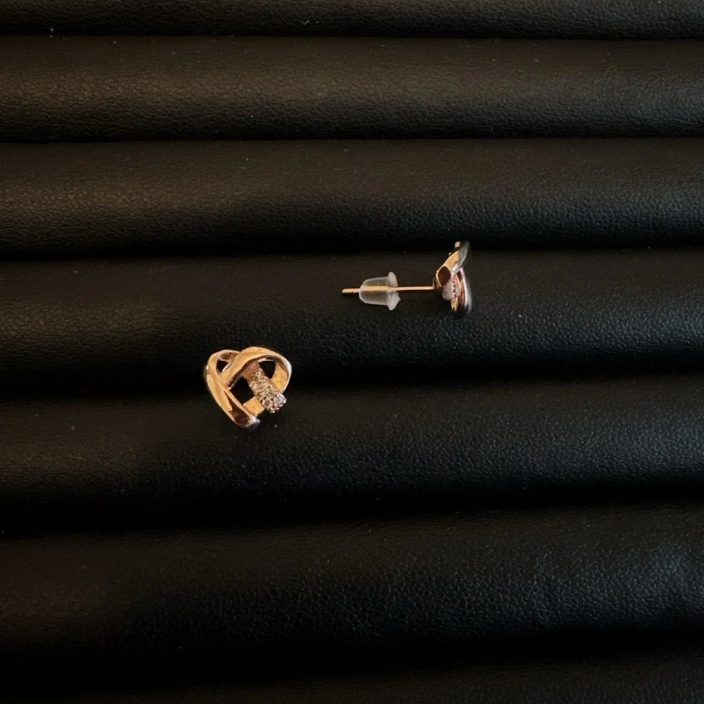 Women’s Gold Heart Knot Stud Earrings with CZ Accents Minimalist Dainty Style
